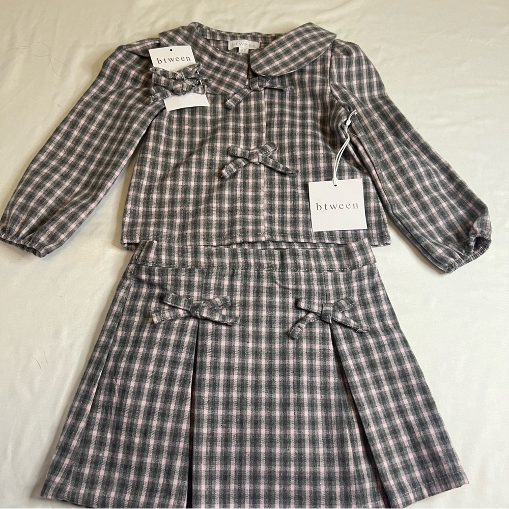 btween 2T Plaid Skirt Set Pink Gray Girls Bow Outfit NWT 2 Piece Matching Set